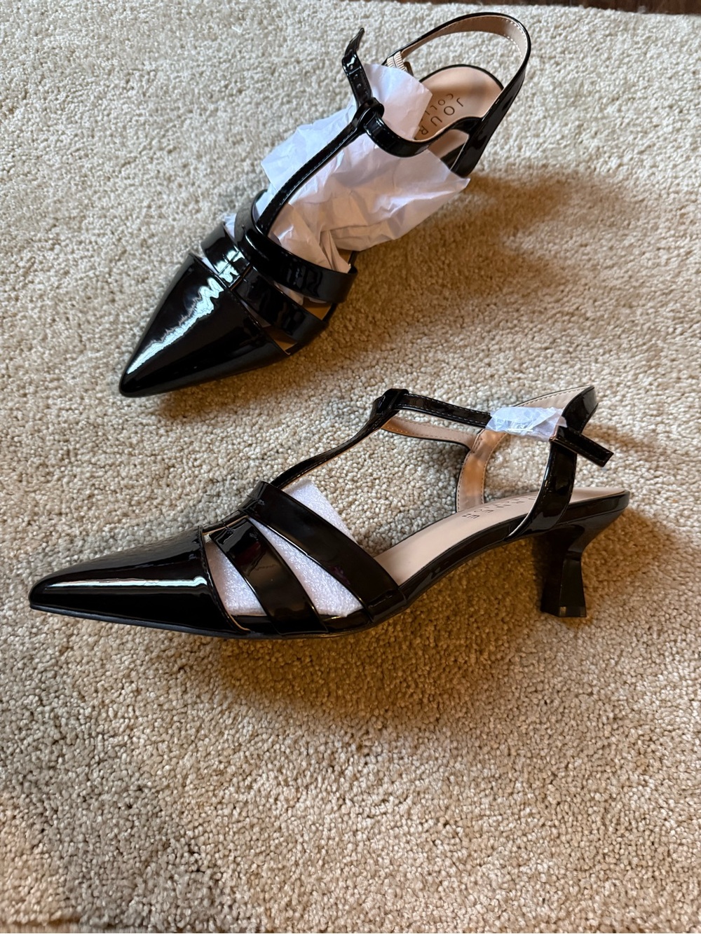 Journee Collection Black Patent T-Strap Slingback Kitten Heels